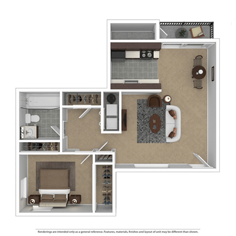 Floor plan for 1 bed, 1 bath, 700 sqft